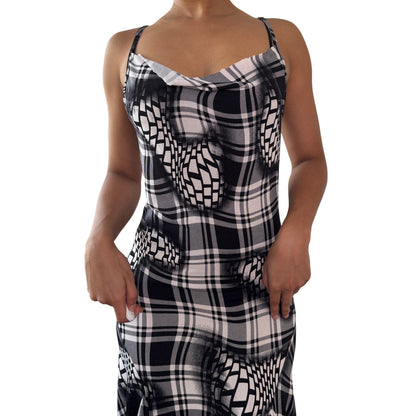 Vintage French Check Midi Dress Asymmetrical Hem (S)