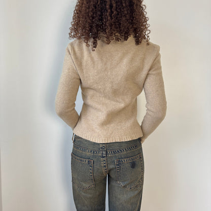 Italian vintage 100% wool beige knit twin set – cardigan and halter turtleneck (S/M)