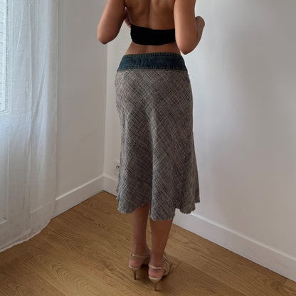 Vintage Tan Tweed Denim Waistband Midi Skirt Y2K French Wool Silk (S)