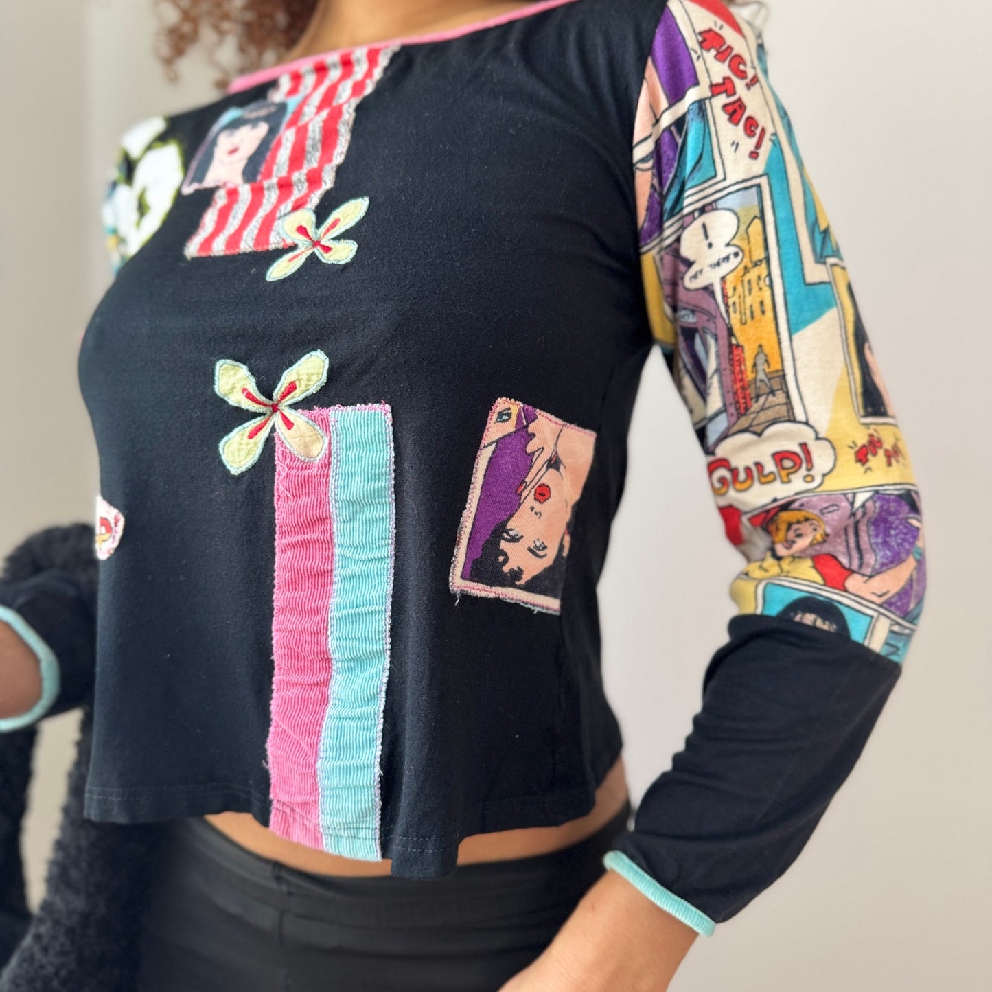 Vintage Derhy Patchwork Graphic Top Mixed Print Artsy Y2K (S)