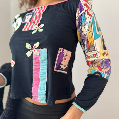 Vintage Derhy Patchwork Graphic Top Mixed Print Artsy Y2K (S)