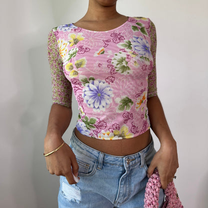 Vintage La Perla Floral Mesh Top Designer Y2K Sheer Stretch Top (S) ⠀