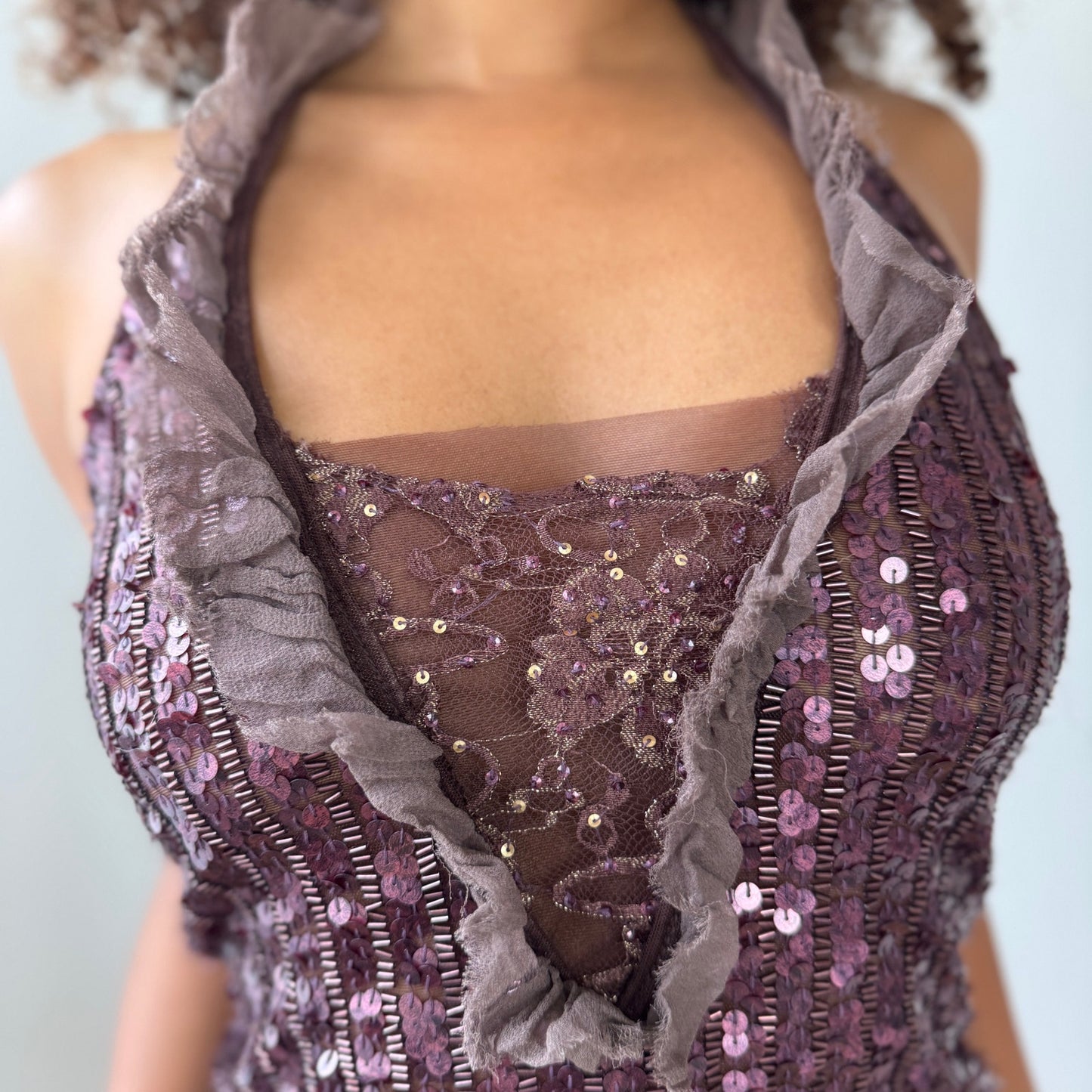 Vintage Pinko Ruffled Sequin Mesh Halter Top (S)