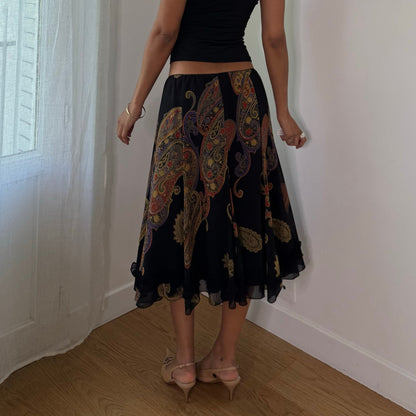 Vintage Black Paisley Mesh Midi Skirt Sheer Double Layer Italian Y2K (S)
