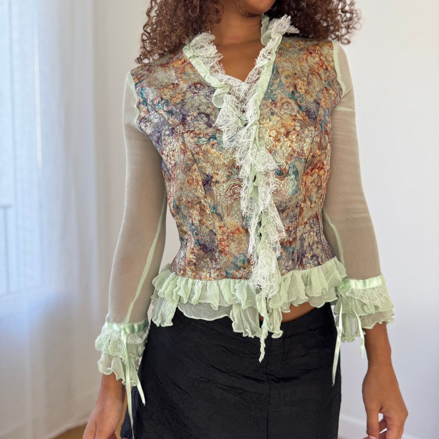 Vintage French designer mint mesh & brocade ruffle blouse (S/M)