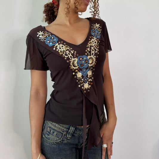 Vintage Annarita N Brown Sequin Embroidered Open Back Top Italian Y2K (S)