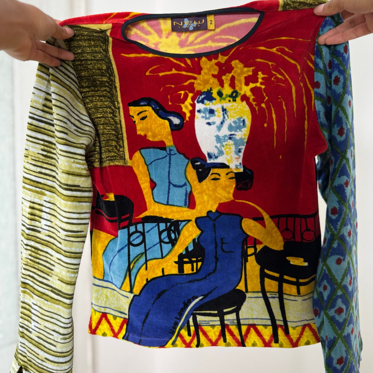 Euro Vintage Red Blue Yellow Green Pop Art Graphic Velvet Long Sleeve Top