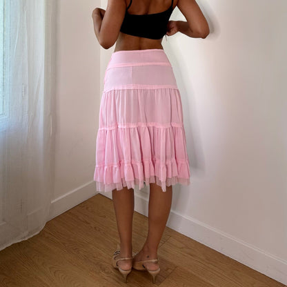 Vintage Baby Pink Tiered Ruffle Mesh Midi Skirt French Y2K (XS/S)