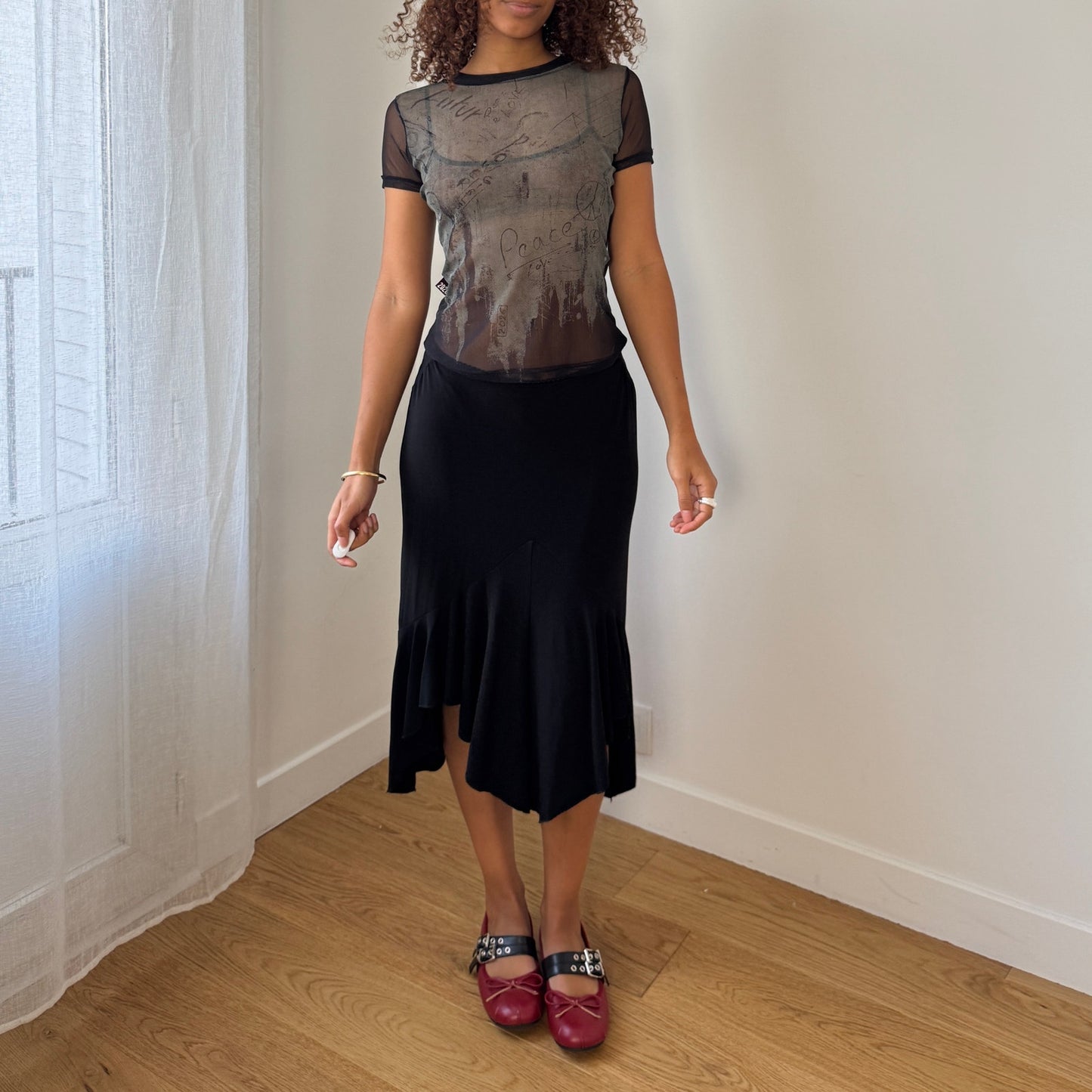 Vintage Cop Copine “2026” sheer mesh graphic short-sleeve top (Small)