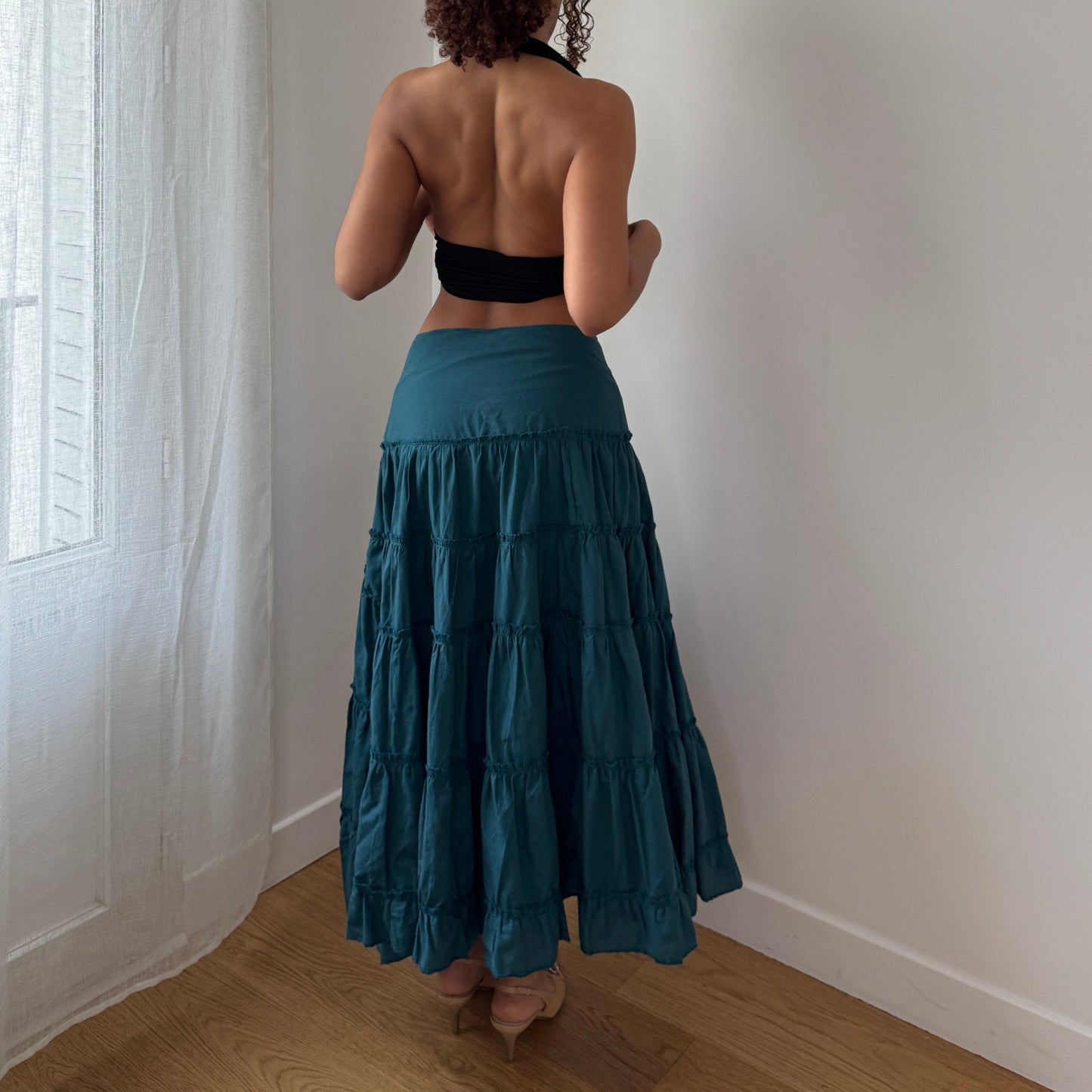 Vintage Teal Tiered Midi Skirt Y2K French Parisian (S)