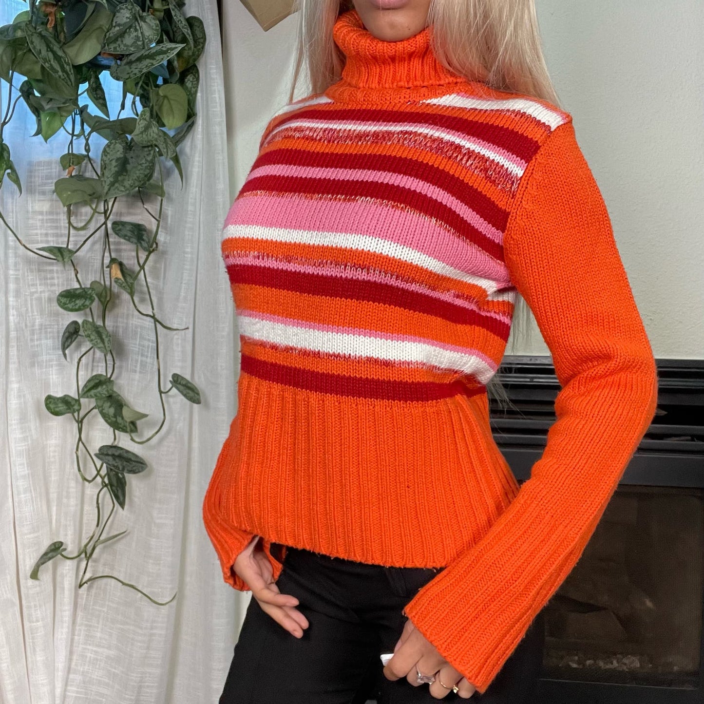 Women Vintage Orange & Pink Striped Knit Turtleneck Sweater (XS-L) Coquette