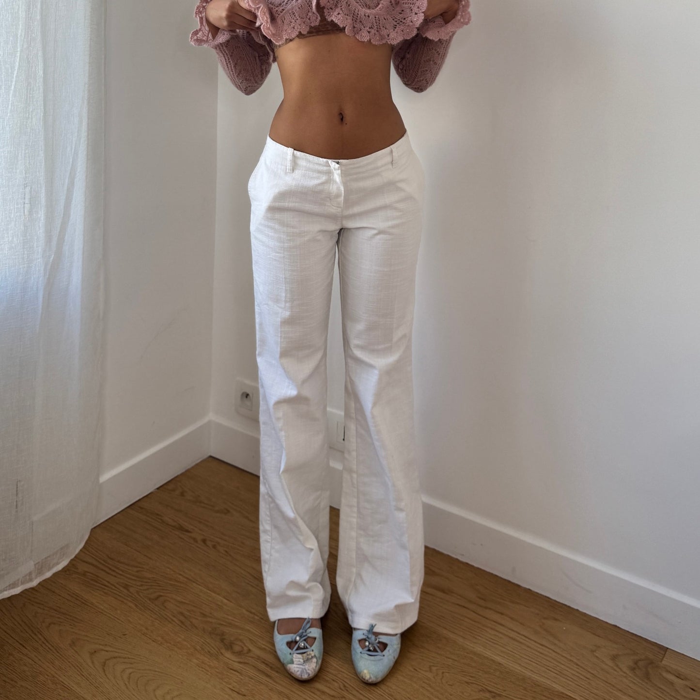 Vintage White Flared Trousers Low Rise Y2K Italian Linen Cotton Onyx (S)