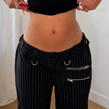 Euro Vintage Black White Pinstripe Low Rise Wide Leg Cargo Pants with Zipper Pockets & Buckle Strap Details