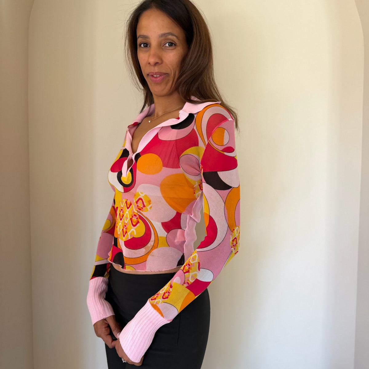 Italian Vintage Pink Orange Yellow Mod Psychedelic Print Mesh & Knit Polo Long Sleeve Top