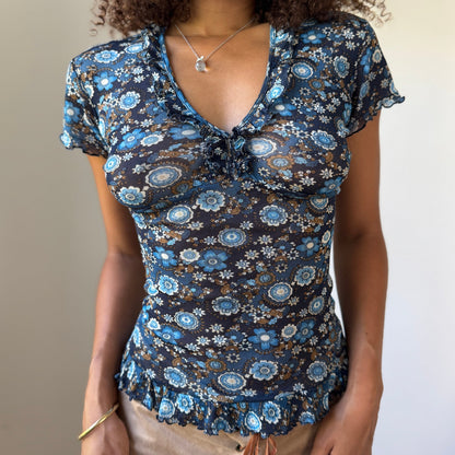 Denny Rose Blue Floral Mesh Ruffle Top (XS/S)