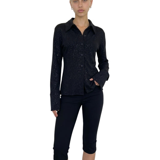 Vintage euro Y2K black slinky mesh shimmer button up top (M)