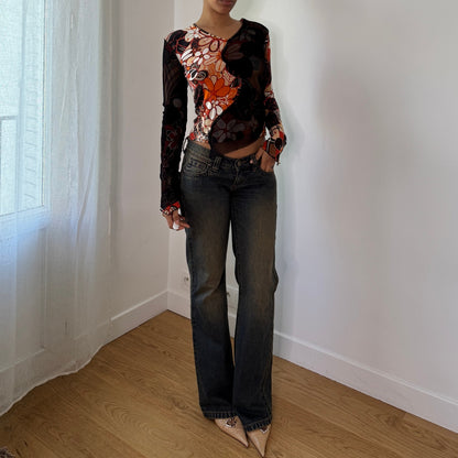 Vintage Brown Orange Abstract Slinky & Mesh Top (S/M) ⠀
