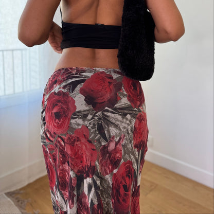Vintage Red Rose Mesh Maxi Skirt Italy Y2K (S)