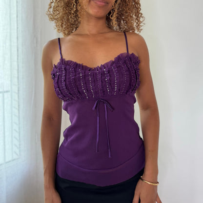 Vintage Purple Sequins Ruffle Mesh Cami Top Euro Y2K (S/M)