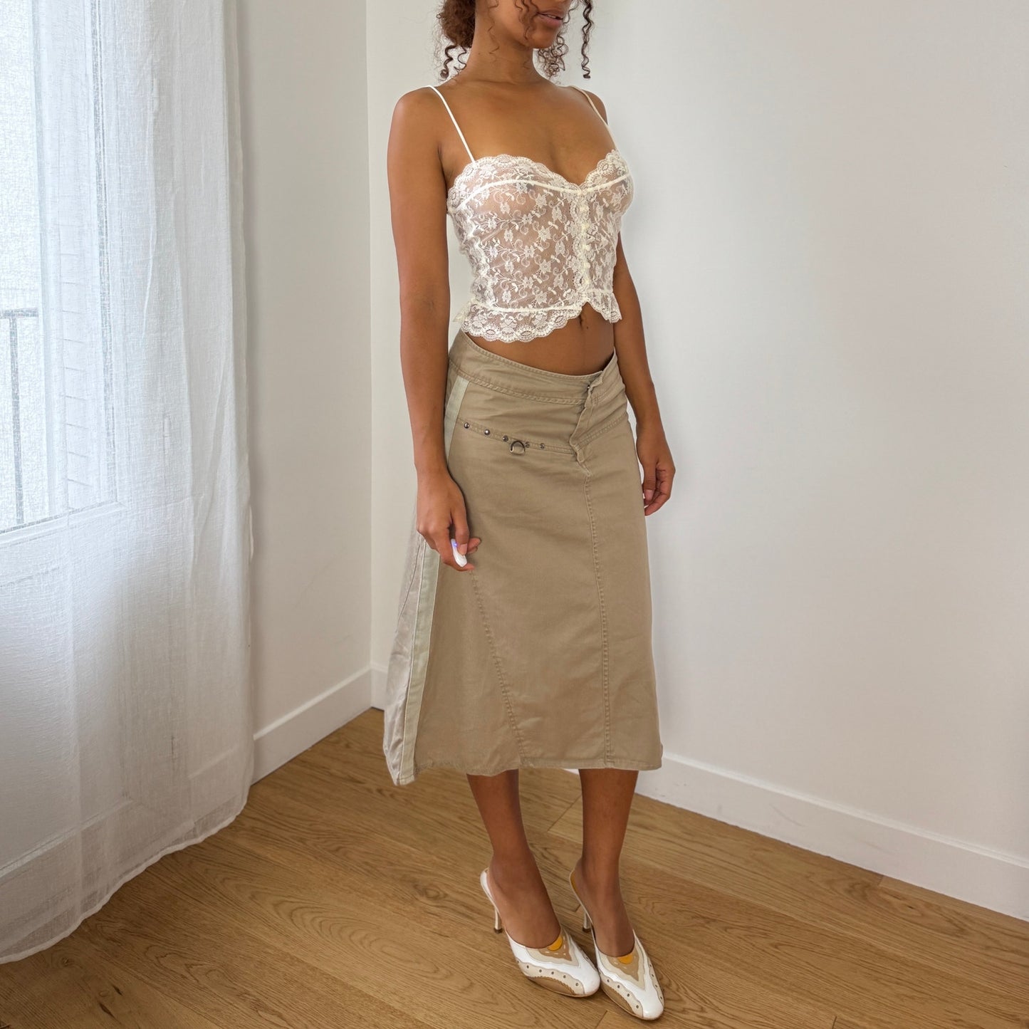 Vintage Y2K khaki A-line studded midi skirt by ONLY (Small)