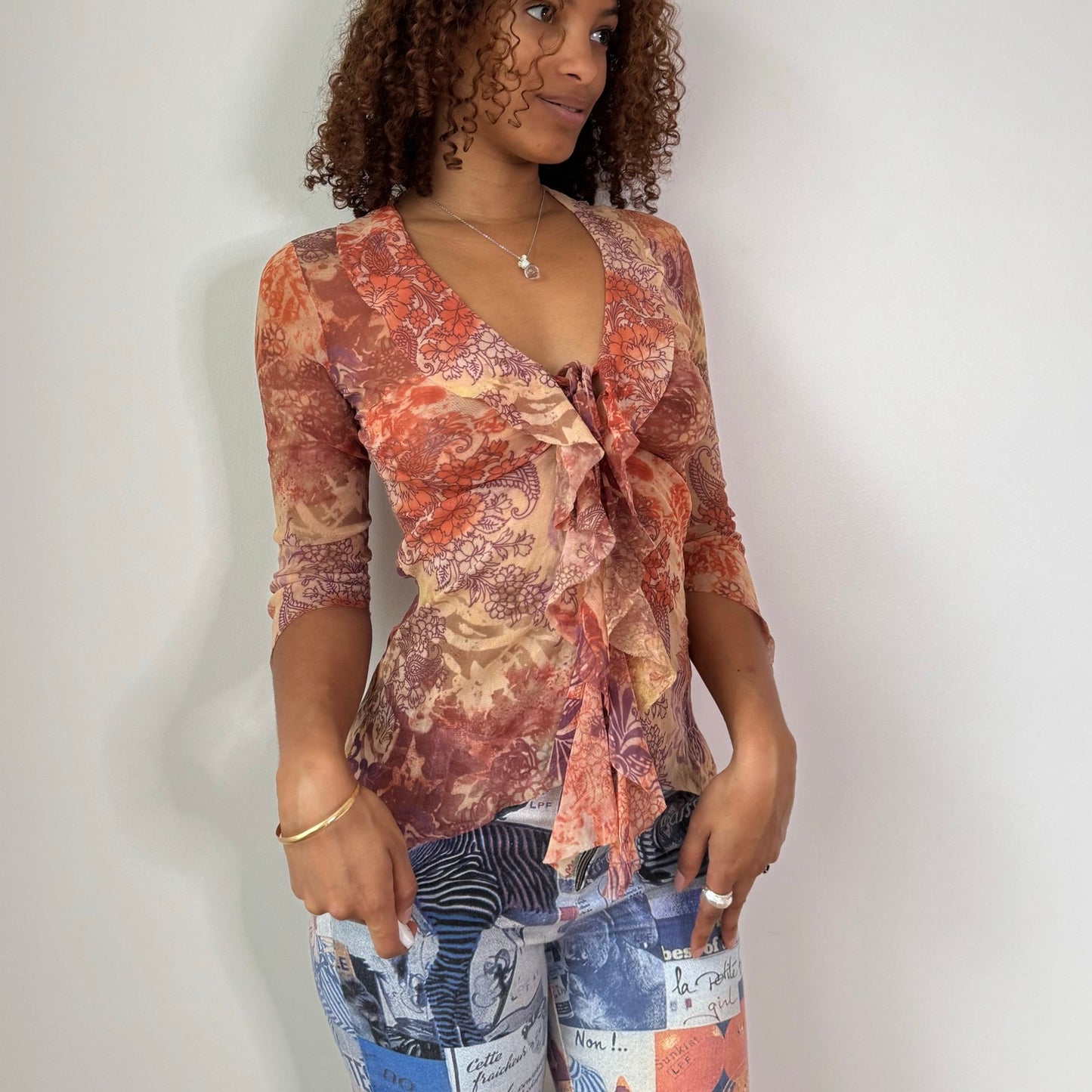 Vintage Peach Mauve Floral Mesh Ruffle Top Italian Y2K (S)