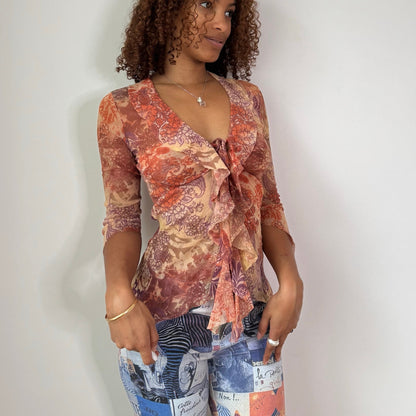 Vintage Peach Mauve Floral Mesh Ruffle Top Italian Y2K (S)