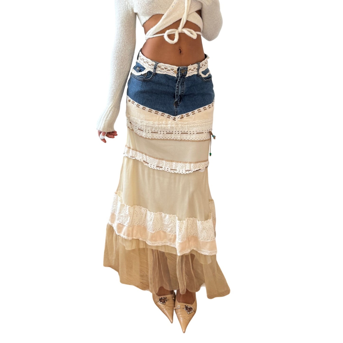 Vintage French denim and lace patchwork low-rise maxi skirt (Small)