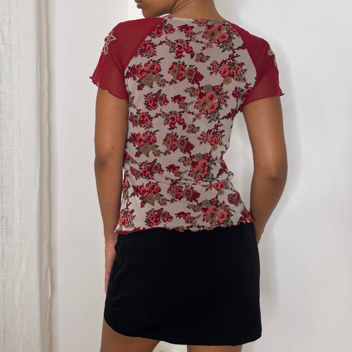 Italian vintage Y2K burgundy floral mesh top with beaded embroidered sleeves and tie-front neckline