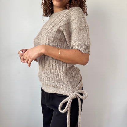 Vintage Italian Beige Mohair Blend Knit Top Short Sleeve Textured Fitted (M)