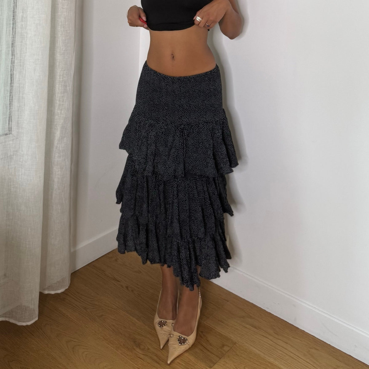 Vintage Navy Micro Polka Dot Tiered Ruffle Maxi Skirt (S)