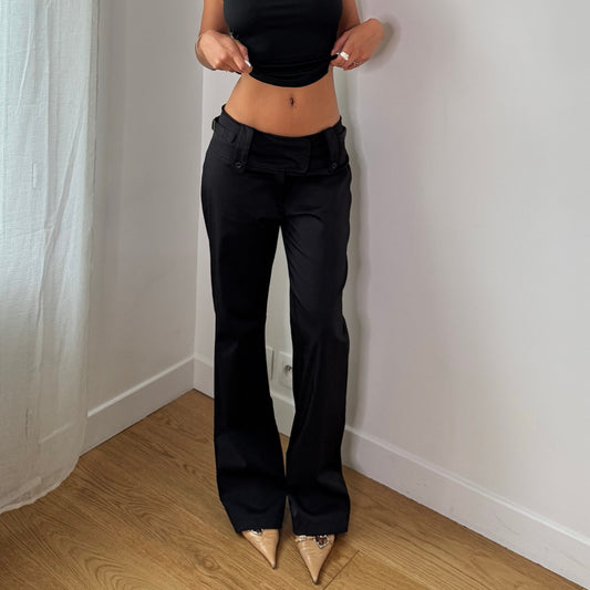 Vintage Black Buckle Waist Flare Pants Euro Y2K Trousers (S)