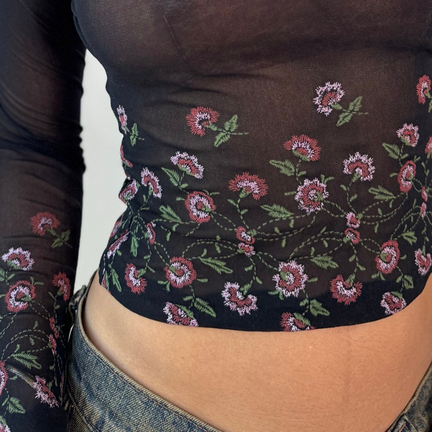 Vintage Black Pink Green Embroidered Floral Sheer Mesh Long Sleeve Top Italian Y2K (S)