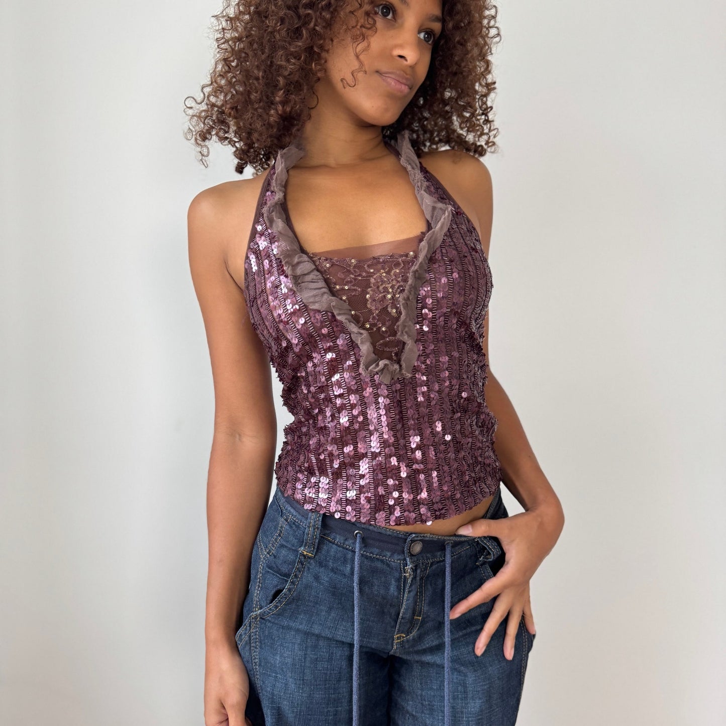 Vintage Pinko Ruffled Sequin Mesh Halter Top (S)