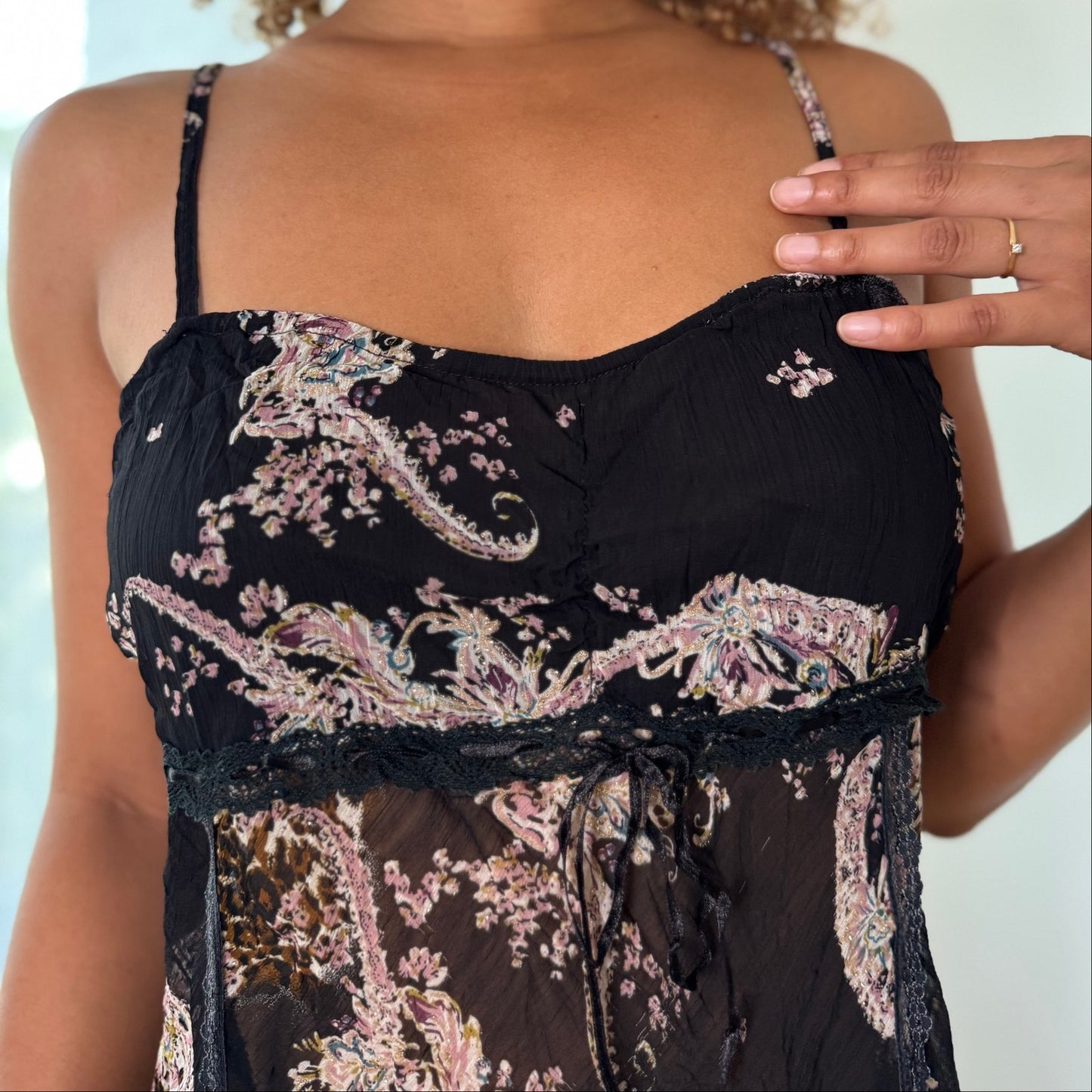 Vintage Black Paisley Mesh Cami Top Sheer Italian Y2K (M)