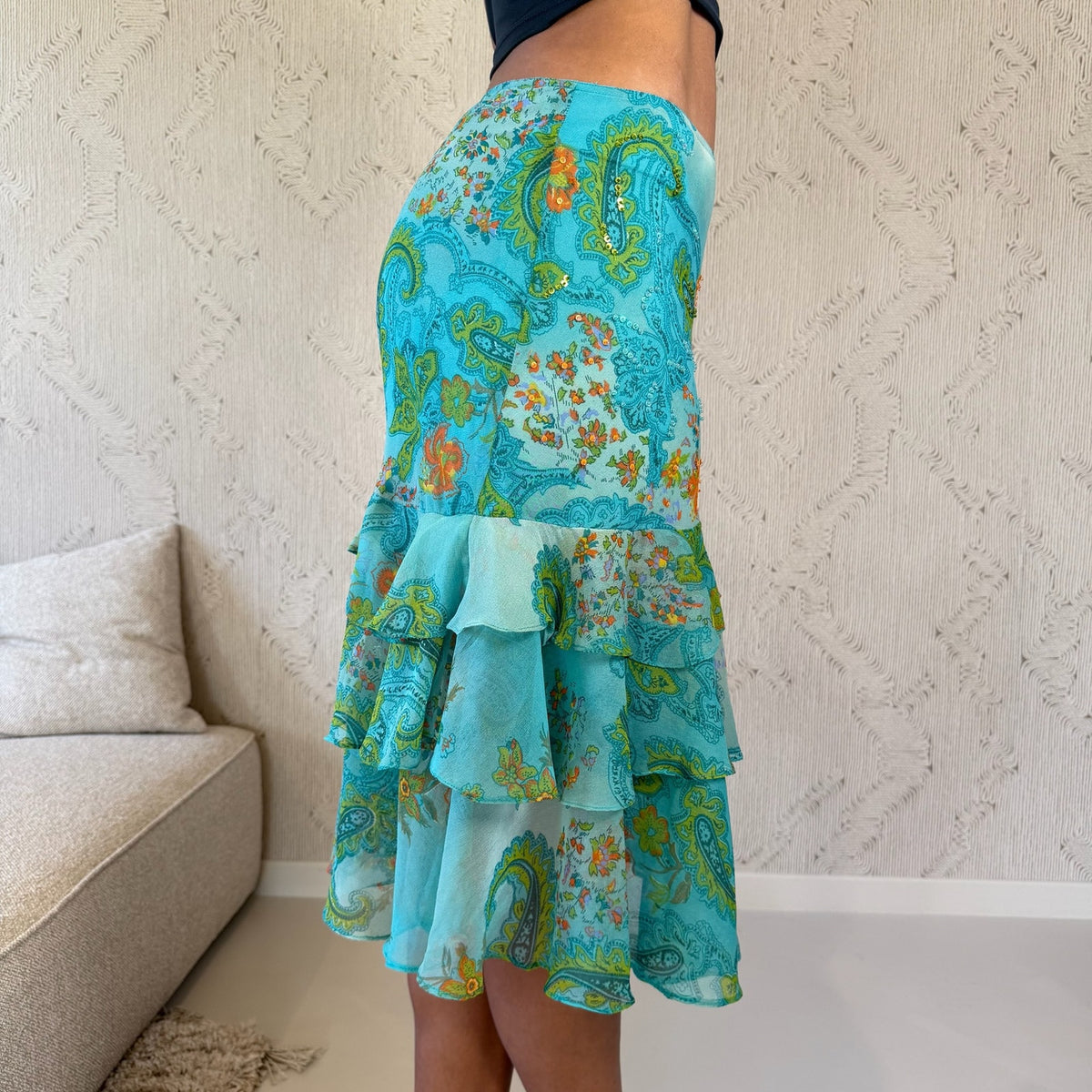 Euro Vintage Turquoise Orange Floral Paisley Sequin Mesh Tiered Ruffle Midi Skirt