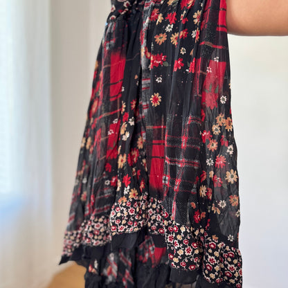 Vintage Y2K Black Red Patchwork Mesh Maxi Skirt with Mixed Floral Plaid Print (S) ⠀
