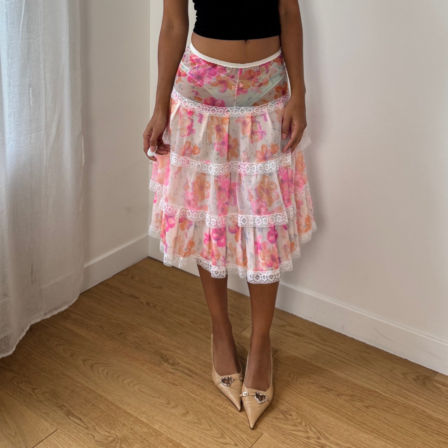 Vintage Euro floral mesh tiered lace-trim semi-sheer midi skirt (XS/S)