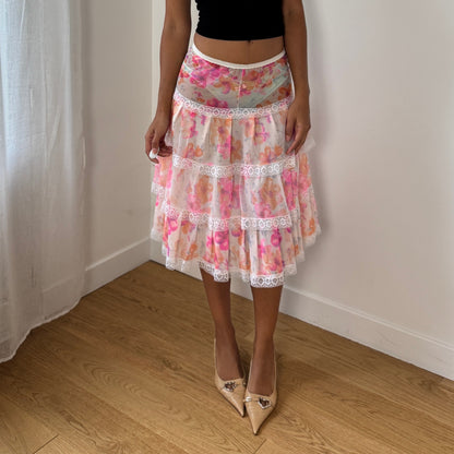 Vintage Euro floral mesh tiered lace-trim semi-sheer midi skirt (XS/S)