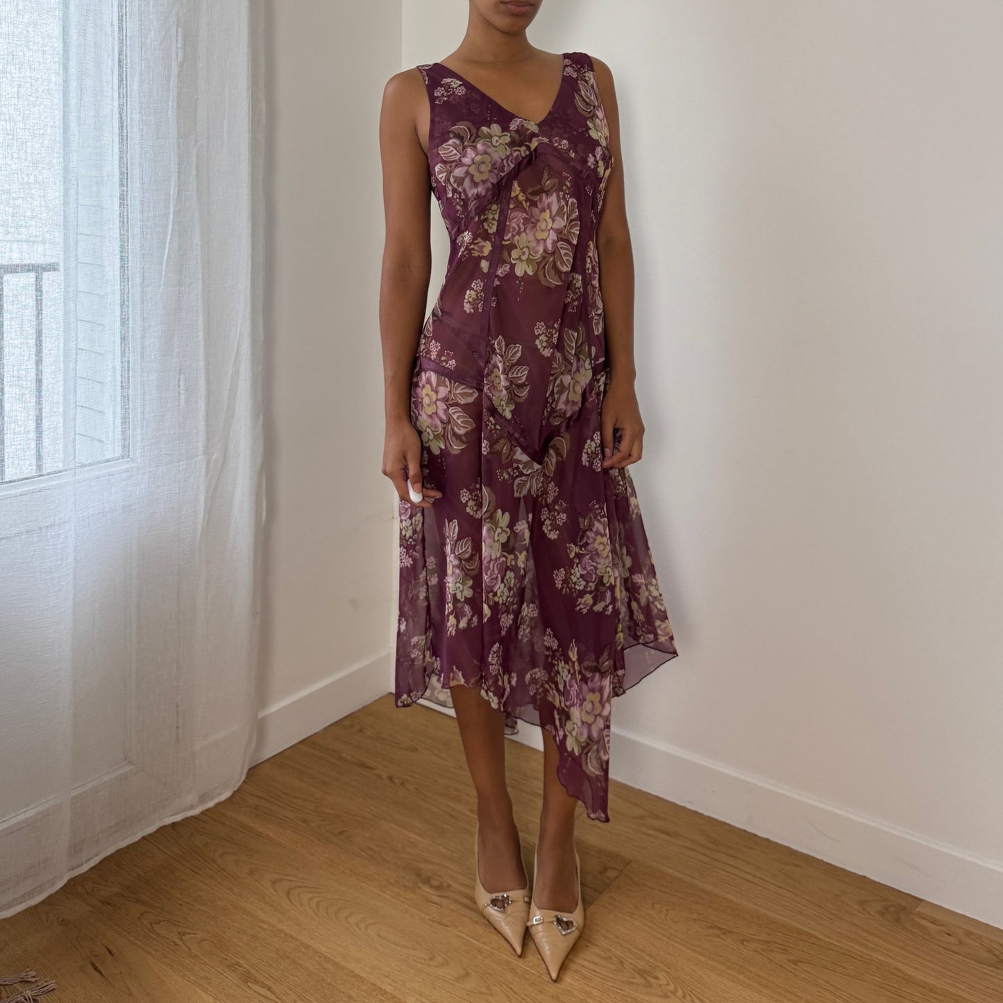 Italian Vintage Semi-Sheer Chiffon Bias-Cut Floral Midi Dress (M/L)