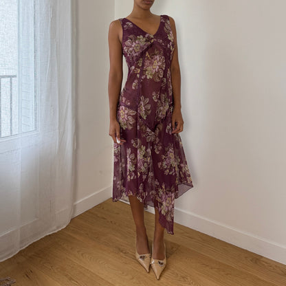 Italian Vintage Semi-Sheer Chiffon Bias-Cut Floral Midi Dress (M/L)