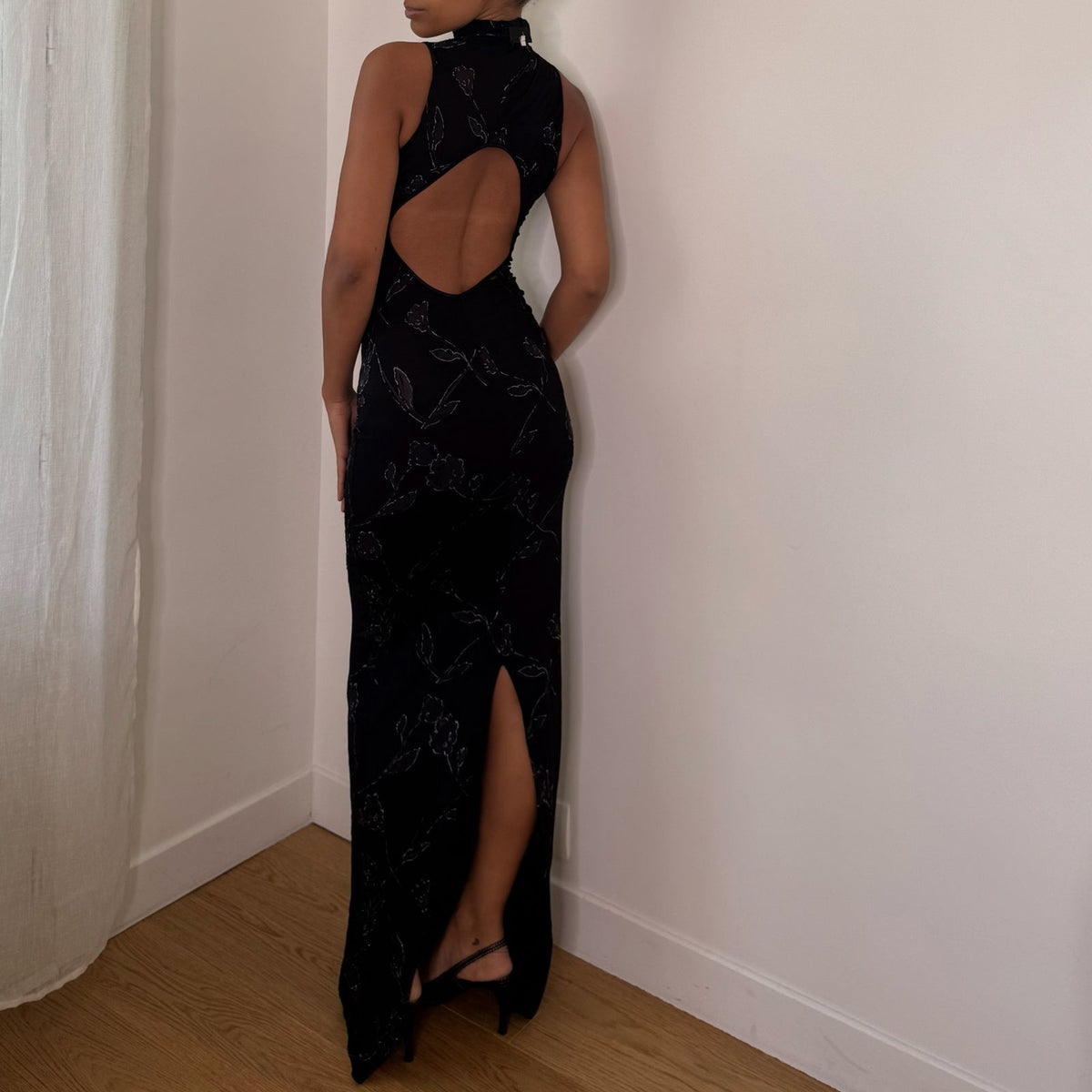 Italian vintage black floral print slinky maxi dress with high neck, open back & back slit