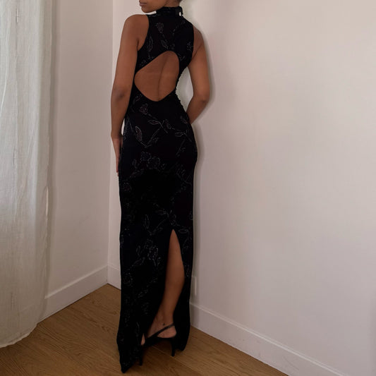 Italian vintage black floral print slinky maxi dress with high neck, open back & back slit