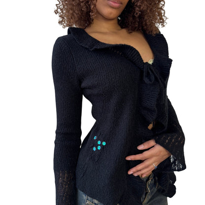 Vintage euro black textured knit tie front cardigan with ruffle trim and flared sleeves (S/M)