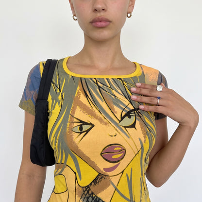 Vintage Custo Barcelona Yellow Graphic Girl Cotton Baby Tee Y2K (S)