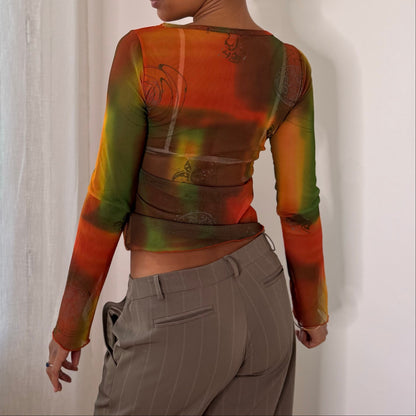 Euro Vintage Orange Brown Green Abstract Print Semi Sheer Mesh Long Sleeve Top