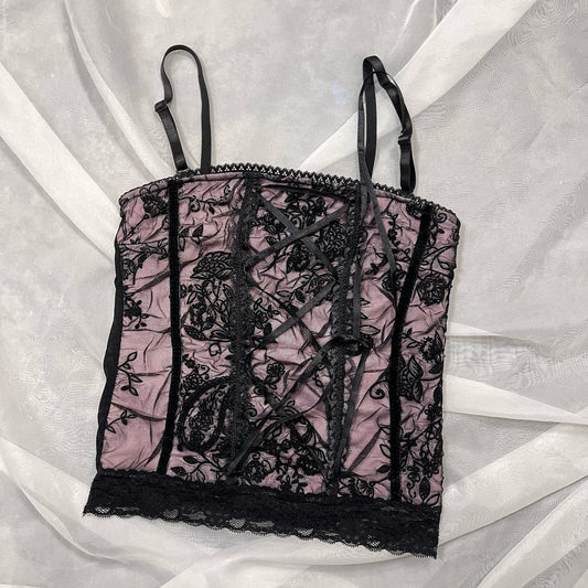 Vintage 90s black & pink bustier with embroideries lace up (S) Goth festival