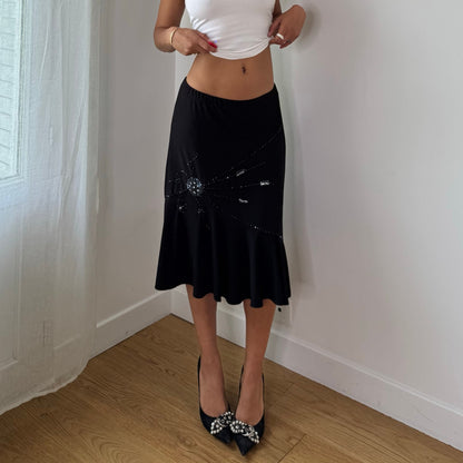 Vintage Black Embellished Slinky Midi Skirt Rhinestone Beaded Y2K (S)
