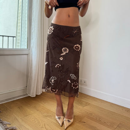 Vintage Ibiza Brown Beaded Floral Mesh Midi Skirt (S/M)
