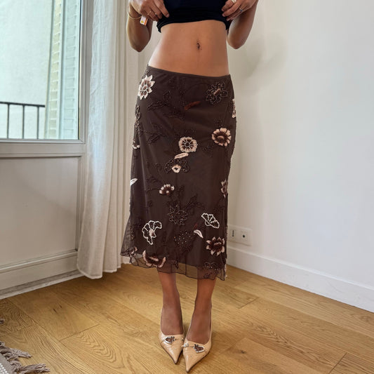 Vintage Ibiza Brown Beaded Floral Mesh Midi Skirt (S/M)