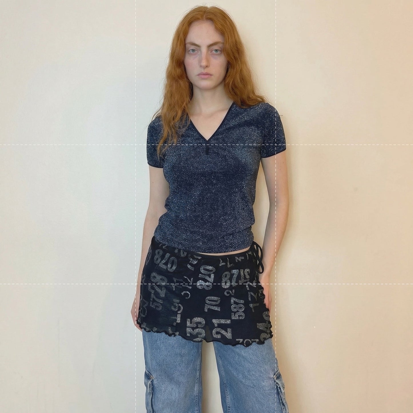 Italian Y2K Black Mesh Short Sleeves Blouse with Silver Sparkles (S)